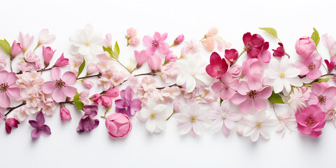 Fototapeta na wymiar floral spring banner in soft pink and white flower buds on a white background 
