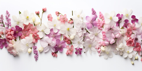 Fototapeta na wymiar floral spring banner in soft pink and white flower buds on a white background 