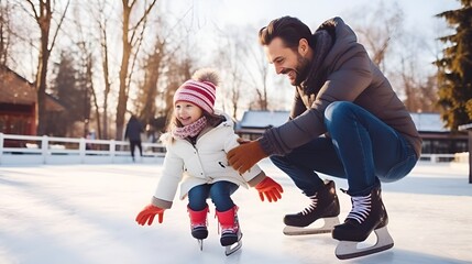Obraz premium A father helping his daughter put on ice skates at an ice rink , father, daughter, ice skates, ice rink