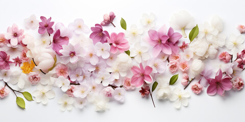 
floral spring banner in soft pink and white flower buds on a white background
