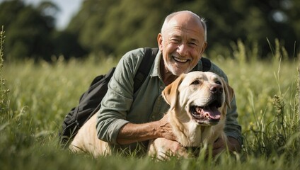 A joyful elderly man in a green jacket with a backpack hugs a yellow Labrador in a sunlit meadow.