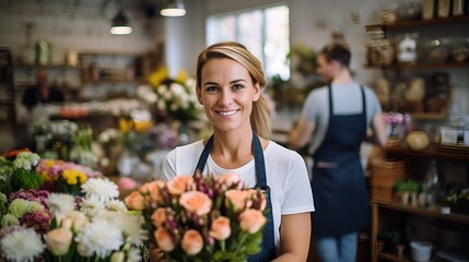 A florist arranging flowers in a shop surrounded by blooms , florist, arranging flowers, shop, blooms