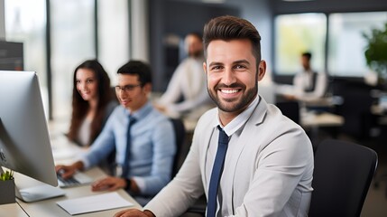 A friendly IT specialist working on a computer with a smile , IT specialist, working, computer, smile