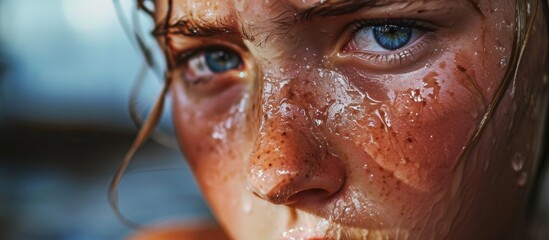 Sweaty girl with oily face, excessive sweating, hyperhidrosis - obrazy, fototapety, plakaty