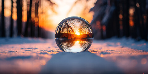 Frozen glass ball on snow landscape and sunset background winter abstract wallpaper Glass ball on the background of a beautiful winter landscape 
   