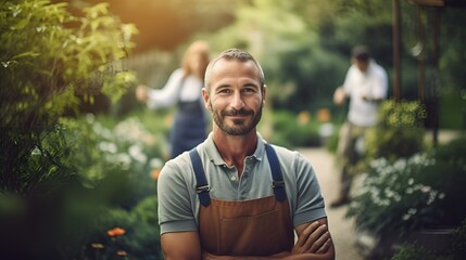 Fototapeta premium A gardener in a botanical garden looking at blooming flowers , gardener, botanical garden, blooming flowers