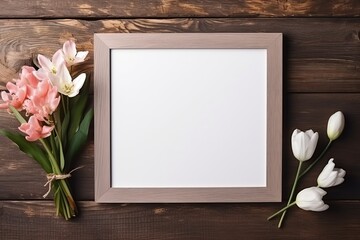 Decorated photo frame with flowers on wooden background