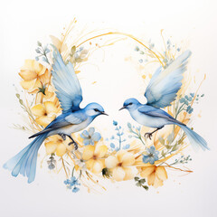 round arrangement of flowers with birds on white background