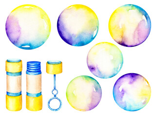 Hand drawn watercolor set of soap bubble blower isolated on a white background.