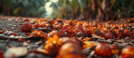 Fruit from palm oil fallen on ground. - obrazy, fototapety, plakaty