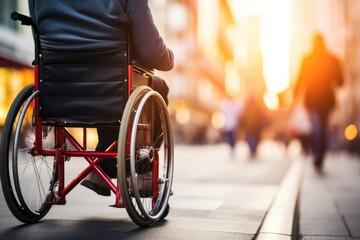 Obraz premium Man in wheelchair exploring city, accessible urban environment