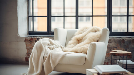 A large cozy light chair with a fluffy blanket stands against the backdrop of a huge window in a loft space with a brick wall, next to a small wooden table and stacks of books. Place for reading
