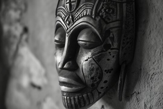 Tribal Mask Hanging on a Wall, in Black and White