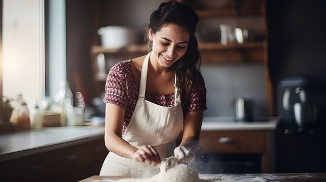 A happy woman baking in a kitchen with flour on her hands , happy woman, baking, kitchen