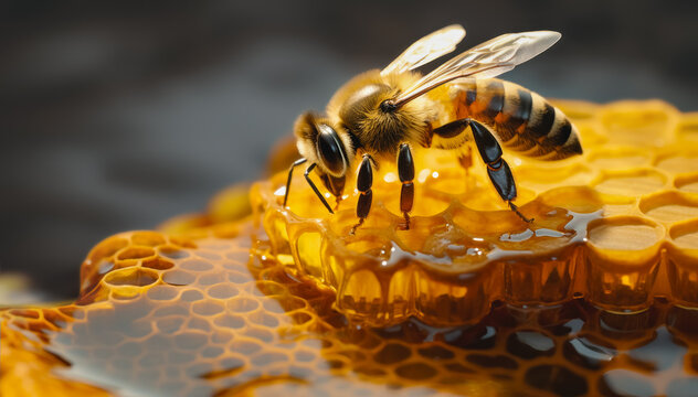 A bee lands on a honeycomb overflowing with honey, a place for text 