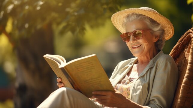Friendly old woman reading a book, sunny day