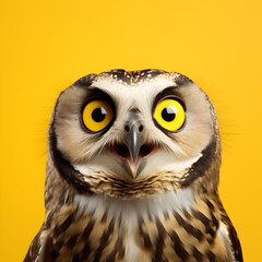 Fototapeta premium Surprised owl with a yellow background 
