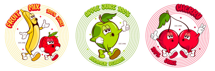 Fruit character in cartoon groovy style with different emotion, cherry, apple, banana and strawberry, fruit mix, fresh juice.