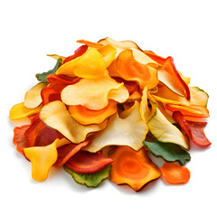 MIxed vegetable chips, a healthy dehydrated snack isolated on a white background 