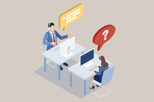Isometric global online technical support with call center operators using headsets on computers for customer service and efficient call processing