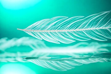 White transparent leaf on mirror surface with reflection on turquoise background macro. Artistic image of ship in water of lake. Dreamy image nature