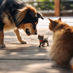 AI generated illustration of an adorable close-up of a small dog and cat playing together on a patio