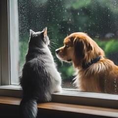 AI generated illustration of a domestic dog and cat are standing together on a windowsill