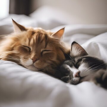 AI generated illustration of two cats snuggled up together on a bed, cozy and content