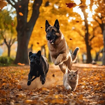 AI generated illustration of three domestic dogs running through a pile of fallen autumn leaves
