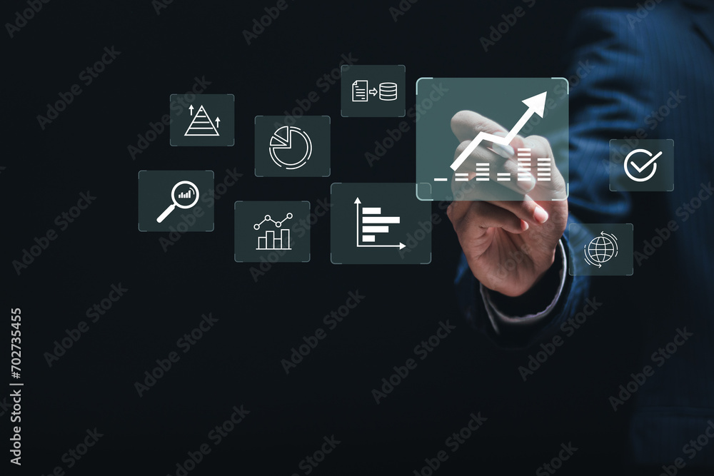 Poster strategy of investment and finance. businessman touching data analysis report on virtual screen for 