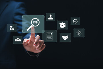 HR or Hiring Human Resources. Businessman touching information search technology on virtual screen for searching job and fill out personal data on job website.