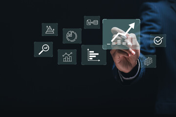 Strategy of investment and finance. Businessman touching data analysis report on virtual screen for market research concept. analytics dashboard, Development and data analysis for business growth.