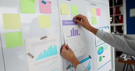 Woman hanging document with graph on board 4k movie slow motion. Business development school concept