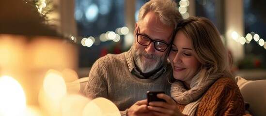 Middle-aged couple happily using smartphone together at home, browsing app or shopping online.