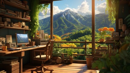 Fototapeta na wymiar A beautiful home office in the woods and mountains Ai generated art