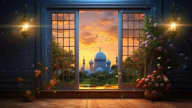 ramadan night in the window with lantern and moon. seamless looping time-lapse virtual 4k video animation background.