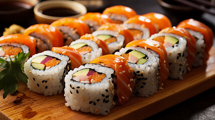 Diverse Collection of Sushi Rolls Artfully Arranged on wooden plate