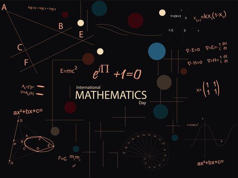 Euler's equation in the center on a dark background, surrounded by equations, graphs and mathematical symbols.