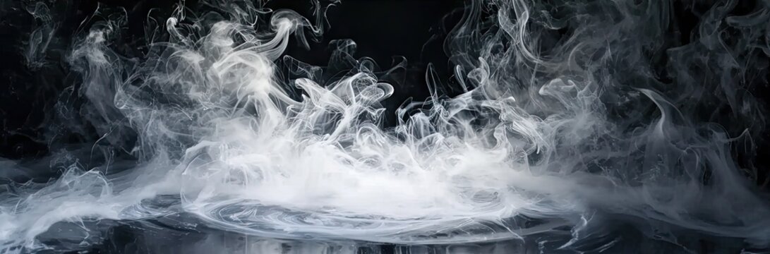 Abstract background with delicate swirls and translucent fog. Enchanting vapor. Beautiful black and white smoke design. Ethereal waves. Smooth and mysterious in dark studio setting © Bussakon