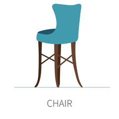 Classic kitchen dining room chair on wooden legs with soft blue seat and back. Isolated chair on white background.