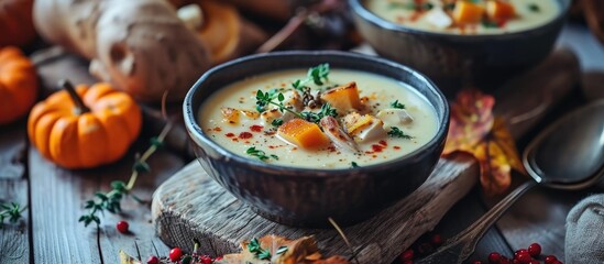 Chicken cream soup, perfect for autumn. - obrazy, fototapety, plakaty
