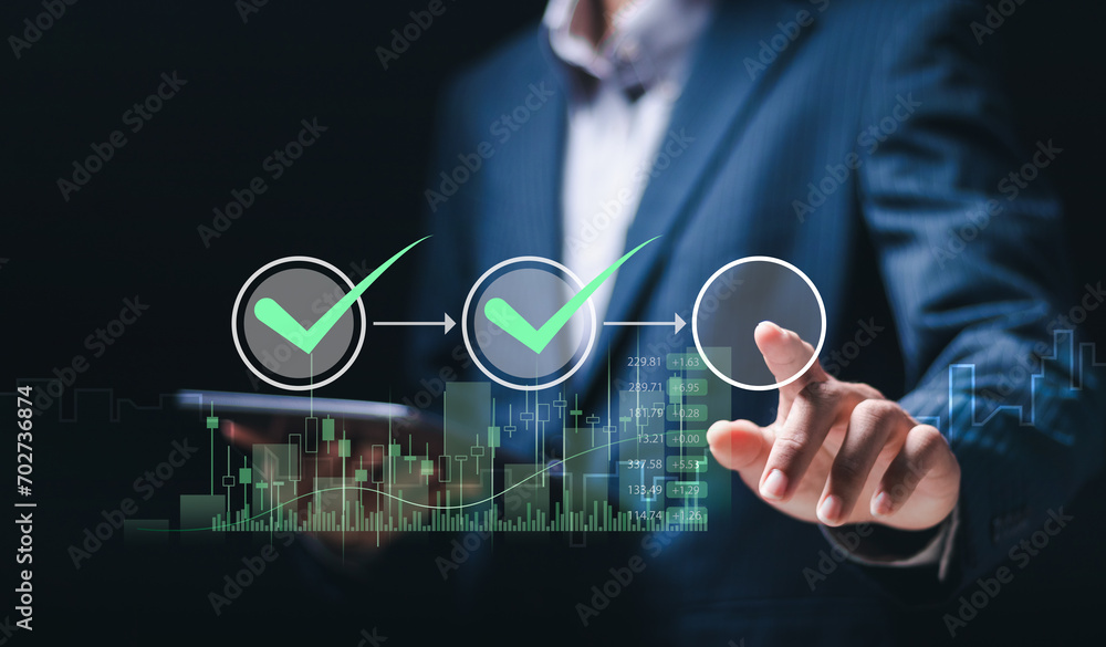 Poster project approval concept. businessman analyzing business growth chart on virtual screen for approve 