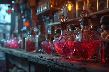 Alchemist's Romance: Heart-Shaped Potion Vials, AI-Generated Art, Made with Generative AI (Midjourney)