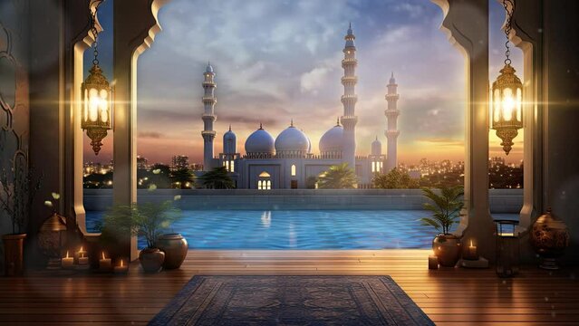 View balcony of the beautiful mosque and lantern in ramadan islamic culture. seamless looping time-lapse virtual 4k video animation background.