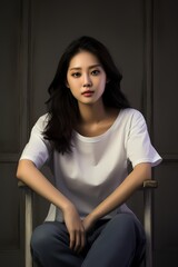 Fototapeta na wymiar A mesmerizing portrayal of a Korean beauty in minimal makeup, dressed in a classic t-shirt and jeans, showcasing confidence in a studio setup.
