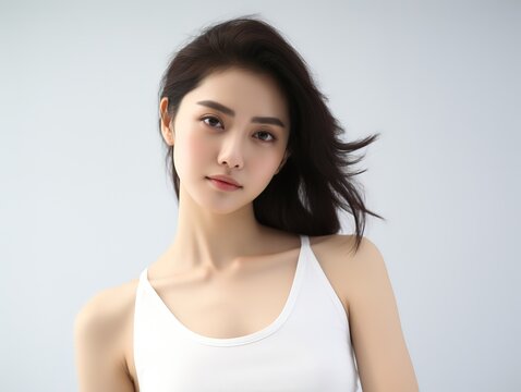 Pretty young healthy Asian girl wearing white Tank Top, glamour and confidence looks, skin care and beauty model, Generative Ai