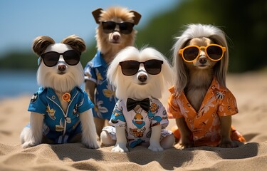 happy dogs group portrait at beach look cool in Hawaii shirt cute and funny animal portrait summer theme, Generative Ai