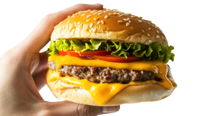 A hand holding a delicious cheeseburger, transparent or isolated on white background