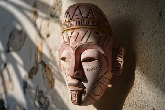 Light Pink Tribal Mask, Hanging on a Wall, Shadowed 