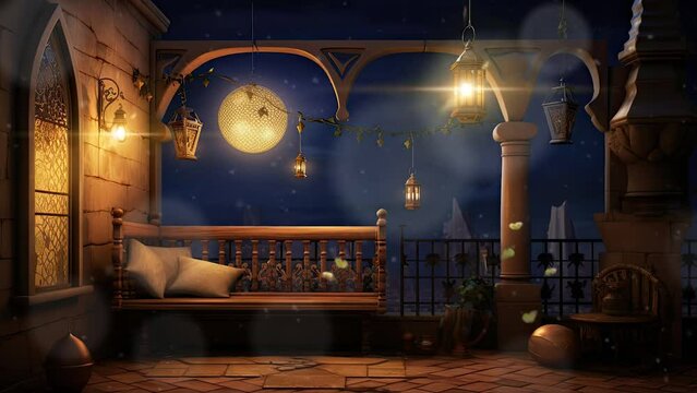 ramadan night in balcony with lantern and moon. seamless looping time-lapse virtual 4k video animation background.